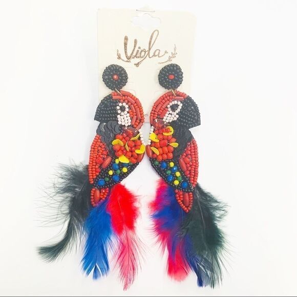 Bohemian Parrot Beaded Feather Drop Earrings - Picture 1 of 8